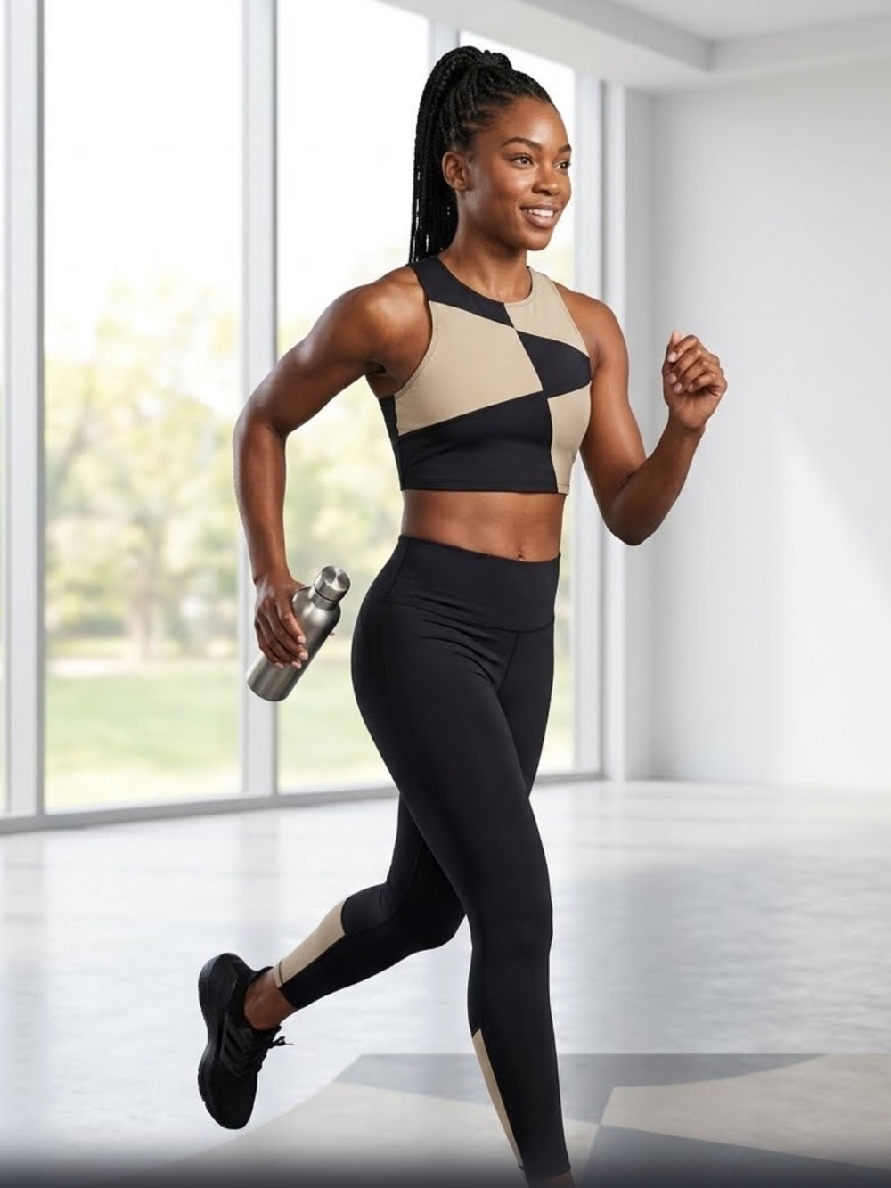 Colorblock Black and Beige high neck sports bra